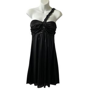 B. Smart Y2K One Shoulder Babydoll Mini Dress Size 7/8 Black Beaded Sequins VTG